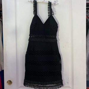 Jonathan Simkhai black lace cocktail dress with raffia fringe